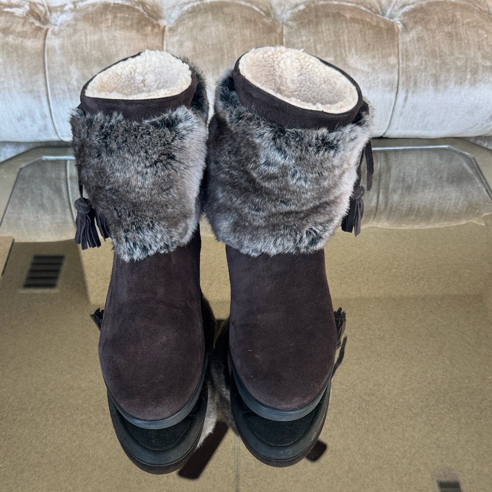Aquatalia Brown Suede Faux Fur Trim Tassel Wedge Boots Womens‎ 6.5